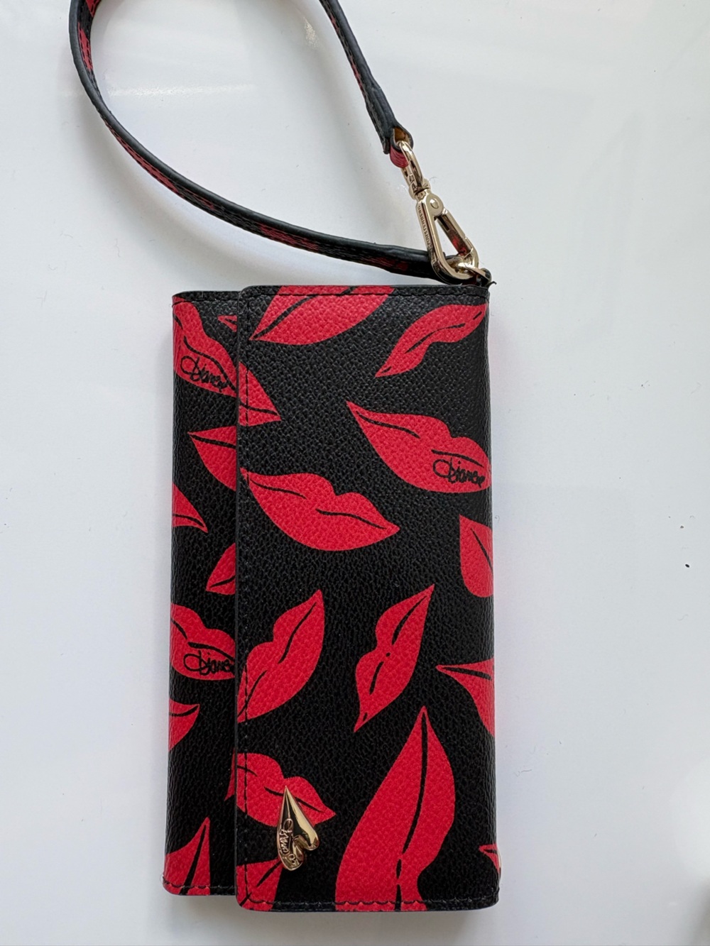 Diane Von Furstenberg Black Clutch with Red Lip Print Wristlet